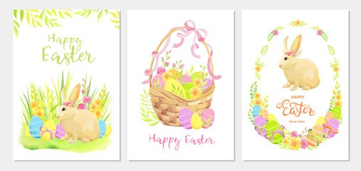 Happy Easter greeting card template set with rabbit, flowers, green leaves and eggs. 