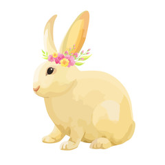 Happy Easter bunny with flowers wreath isilated on whitw background. - Vector