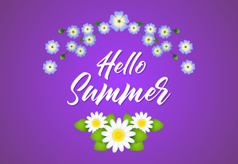 Hello summer lettering with blossoming flowers. Vacation, summer offer or sale advertising design. Handwritten and typed text, calligraphy. For leaflets, brochures, invitations, posters or banners.