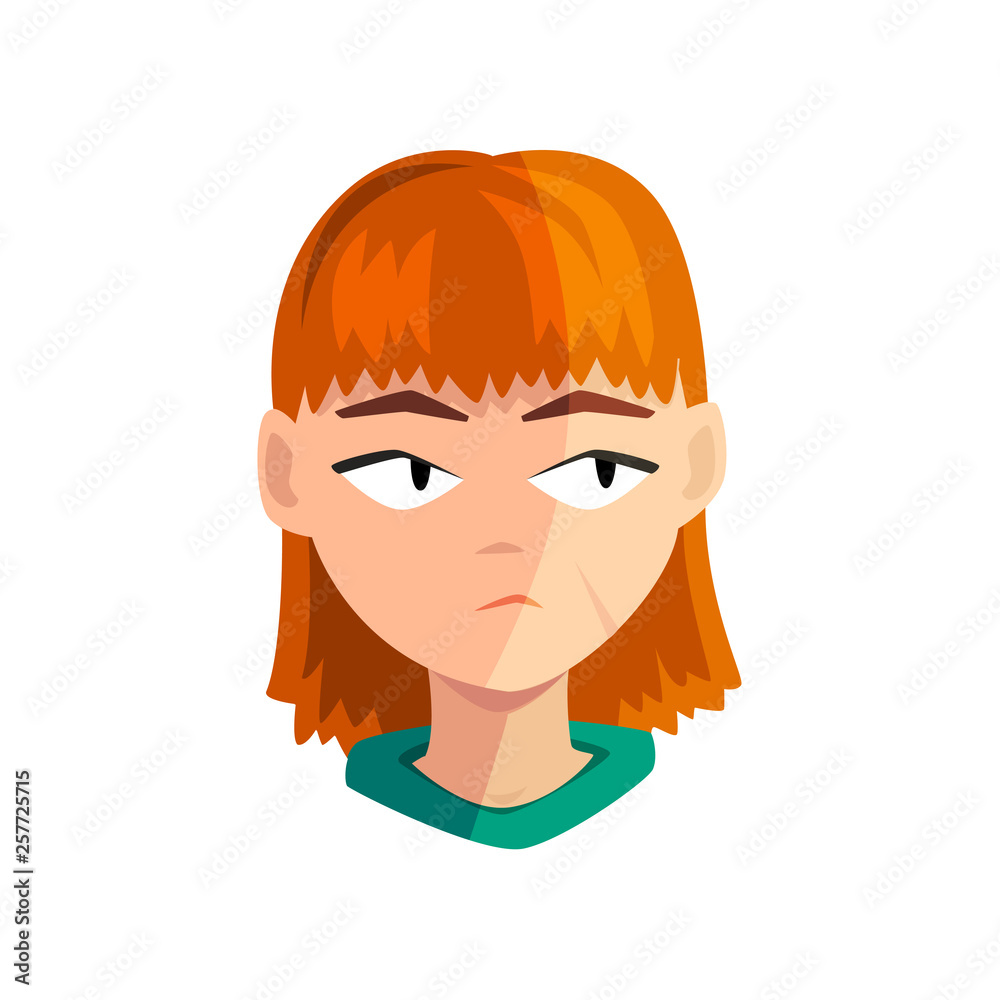 Sticker Bored redhead girl, female emotional face, avatar with facial expression vector Illustration on a white background