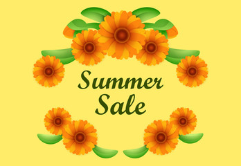 Summer sale lettering with orange flowers. Vacation, summer offer or sale advertising design. Handwritten text, calligraphy. For leaflets, brochures, invitations, posters or banners.