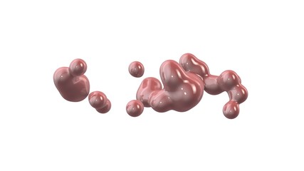 3D rendering of pink droplets in space in zero gravity. Illustration of an amorphous substance on a white background. Abstract image. Isolated on white background.