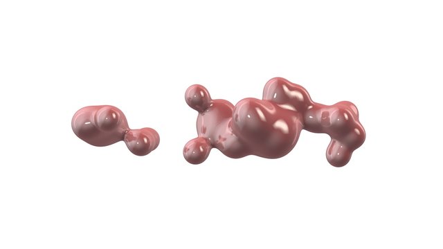 3D rendering of pink droplets in space in zero gravity. Illustration of an amorphous substance on a white background. Abstract image. Isolated on white background.