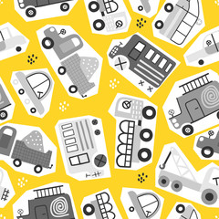Seamless pattern with hand drawn cute car. Perfect for kids fabric, textile, nursery wallpaper. Yellow background.
