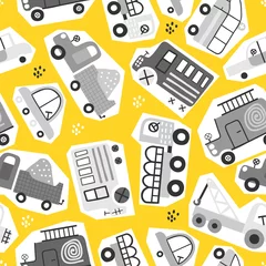 Wallpaper murals Cars Seamless pattern with hand drawn cute car. Perfect for kids fabric, textile, nursery wallpaper. Yellow background.