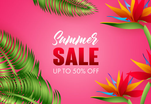Summer sale, up to fifty percent off lettering and tropical flowers. Tourism, summer offer or sale design. Handwritten and typed text, calligraphy. For leaflets, brochures, invitations, posters.