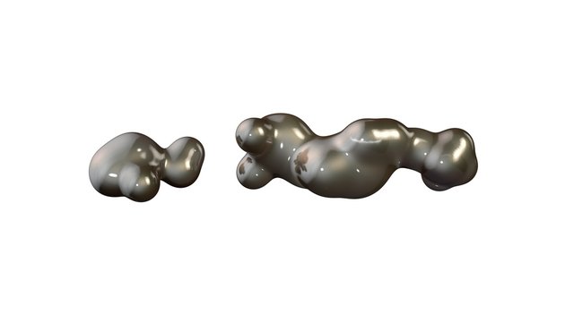 3D illustration of molten metal, in zero gravity. Drops of metal merge with each other. 3D rendering on white background, isolated image.