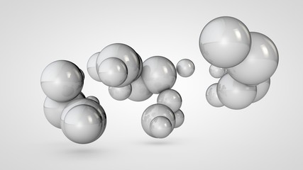 3D illustration of many white balls in space, arranged randomly. Abstract image of round objects connected to each other. Isolated on white background. 3D rendering