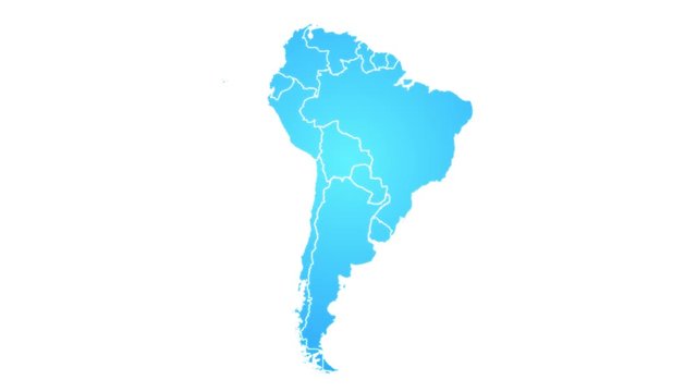 South America Map Showing Up Intro By States/ 4k animated south american map intro background with states appearing and fading one by one and camera movement