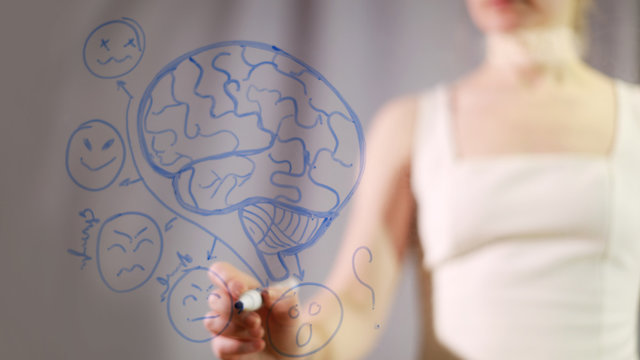 girl draws on the Board. Emotional intelligence, Intellectual map. mind map. education. online school. white dress. paint to the brain. draws the brain and emoticons