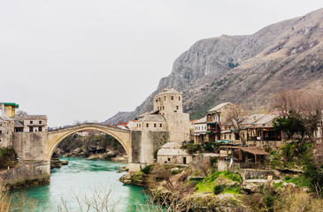 Fototapeta na wymiar View of Stari Most a 16th-century Ottoman bridge over Neretva river in the city of Mostar in Bosnia Herzegovina