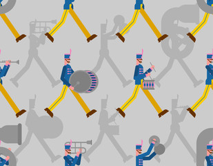 Military band pattern seamless. Soldiers with musical instruments. enlisted man and drum and trombone.