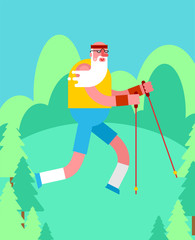 Old man Nordic walking in forest. Grandfather go with ski poles isolated. Training for pensioners. Elderly runner