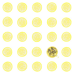 the solar circles of a lemon isolated on a white background and one glass cup with green tea