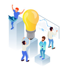 Teamwork brainstorming. Isometric flat 3d concept. Businessmen and developers working together. Illustration can be used in web banner, web page, prasentation
