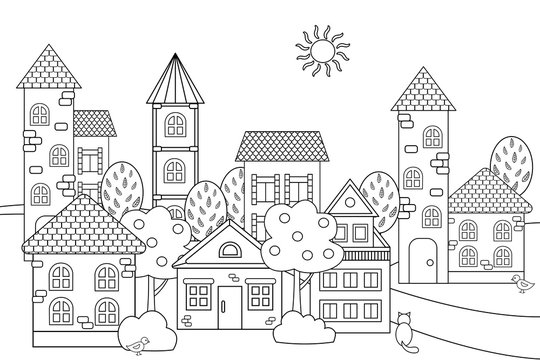 Улица раскраска для детей распечатать Adult Coloring Book City Зображення - огляд 11,131 Стокові фото, векторні зображ