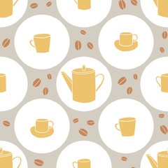 Vector seamless pattern with colored coffeepots, cups, coffee beans. Flat illustration. Elements for menu for restaurants and cafe, textile, wrapping