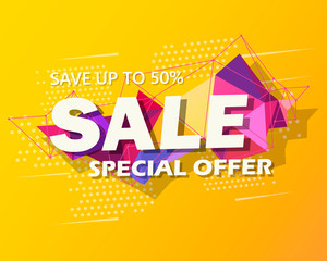 Super Sale and special offer. 50 off. Vector illustration. Trendy neon geometric figures wallpaper in a modern material design style. Coloured banner