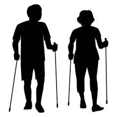 Senior couple do nordic walking in the park. Retirees with nordic sticks silhouette isolated vector illustration.