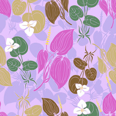 Floral background with leaves and wilde flowers. Seamless floral pattern. Summer vector illustration
