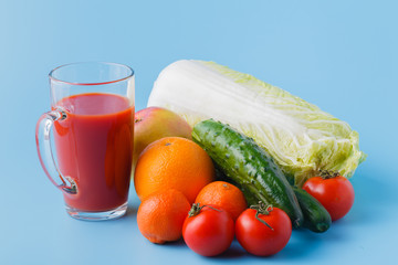 vegetables and a glass of tomato juice, healthy food