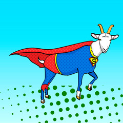 Pop art background. Flies Goat Animal Dressed As Superhero With clothes Vigilante Character. Comic style, raster