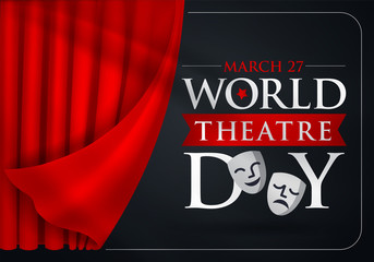 27 Mart Dünya Tiyatrolar Günü. Translation: March 27, World theatre day, concept greeting card, with curtains and Scene with red velvet curtain, theatrical masks. Template, vector, illustration.