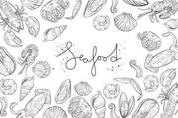 Different seafood products, vector engraving style