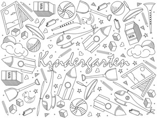Kindergarten coloring book line art design raster. Separate objects. Hand drawn doodle design elements.
