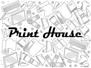 Print house coloring book line art design raster. Separate objects. Hand drawn doodle design elements.