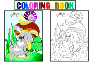 Childrens color and coloring cartoon animal friends in nature. Rabbit under a mushroom and snail