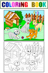 Childrens color and coloring book cartoon family on nature. Mom dog and puppies children