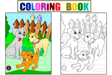 Fototapeta premium Childrens color and coloring book cartoon family on nature. Mom dog and puppies children