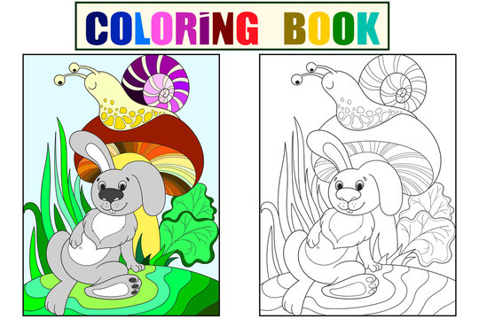 Childrens color and coloring cartoon animal friends in nature. Rabbit under a mushroom and snail