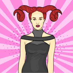 Pop art background. Retro girl model, red hair. Signs of the zodiac, Capricorn, Aries. Raster