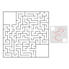 Abstract square maze. Game for kids. Puzzle for children. One entrance, one exit. Labyrinth conundrum. Flat vector illustration isolated on white background. With answer.