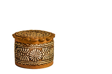 Beautiful round wooden jewelry box on white background.Isolated object.
