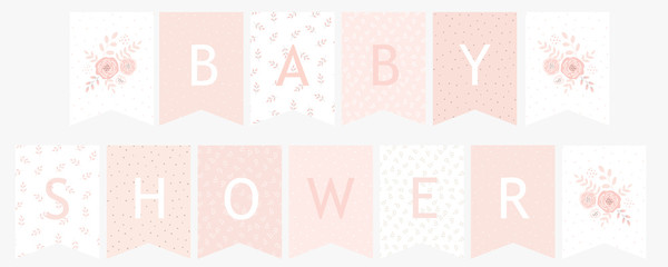 Lovely Baby Shower Paper Decoration Set. Cute Pastel Color Vector Garland For Baby Girl Party. Delicate Pink Floral Design. Flowers and Dots on a White and Pink Background. Sweet Nursery Art. - obrazy, fototapety, plakaty