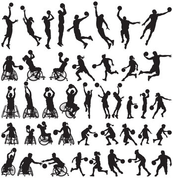 people play basketball vector silhouettes collection of man women children and disabled athletes