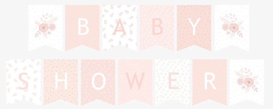 Lovely Baby Shower Paper Decoration Set. Cute Pastel Color Vector Garland For Baby Girl Party. Delicate Pink Floral Design. Flowers and Dots on a White and Pink Background. Sweet Nursery Art.
