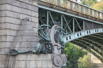 Fragment of Chekhov Bridge with sculptures in Prague Czech Republic