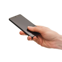 Man hand holding horizontal the black smartphone with blank screen, isolated on white background