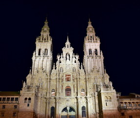 Cathedral at night, baroque facade and towers. Santiago de Compostela, Plaza del Obradoiro. Spain.