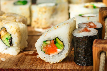 sushi rolls. Fresh and delicious portion - Sushi menu. Japanese food. food background. Top