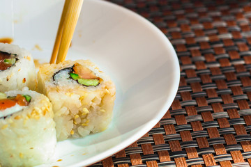 sushi rolls. Fresh and delicious portion - Sushi menu. Japanese food. food background. Top