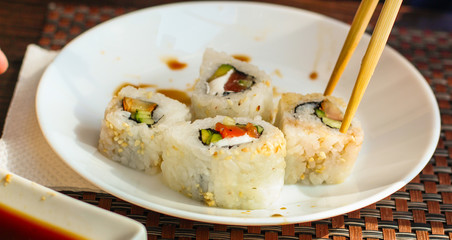 sushi rolls. Fresh and delicious portion - Sushi menu. Japanese food. food background. Top