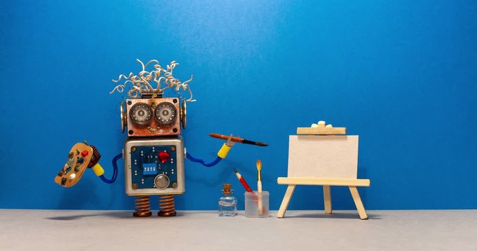 Robotic creativity artificial intelligence concept. Robot artist rotates a brush. White paper template, wooden easel and artist's tools palette, pencils case. Blue background. Advertising poster