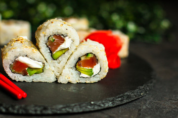 sushi rolls. Fresh and delicious portion - Sushi menu. Japanese food. food background. Top