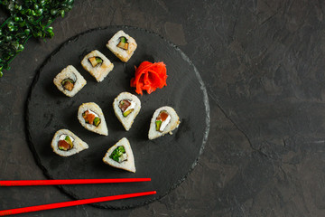 sushi rolls. Fresh and delicious portion - Sushi menu. Japanese food. food background. Top