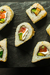 sushi rolls. Fresh and delicious portion - Sushi menu. Japanese food. food background. Top